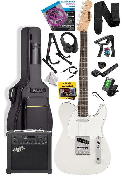 TLX-50WH-25AMP Tele Kasa Gül Klavye 2 Single-Coil 25W Amfili Elektro Gitar