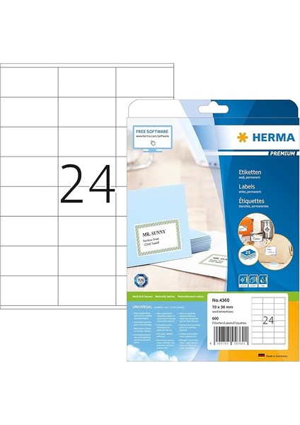 4360 Adres Etiketi, 25 Yaprak, 70 x 36 Mm, A4 Başına 24, 600 Adet, Kendinden Yapışkanlı, Yazdırılabilir, Mat, Boş Kağıt, Adres Çıkartması, Beyaz