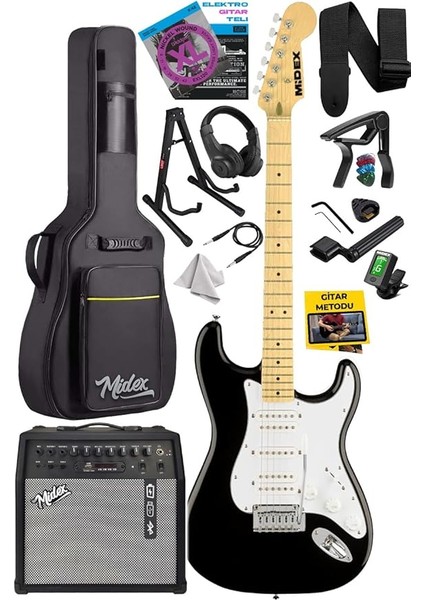 RPH-40WB-50AMP Siyah Beyaz 50W Şarjlı Bt Amfili Elektro Gitar Seti Hsh Manyetik Maple Klavye