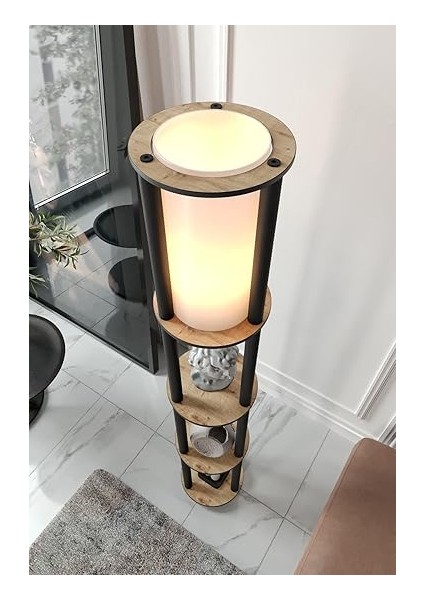 Yuvarlak Lambader – Meşe Renkli Modern Ahşap Gövde, Yumuşak Aydınlatmalı Yuvarlak Abajur Tasarımı, E27 Duy Uyumlu, LED Ampul ile Kullanılabilir, Kolay Kurulumlu Dekoratif Lamba modelleri