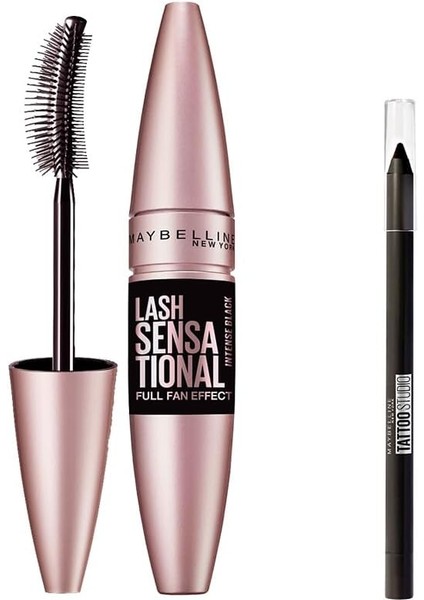 New York Lash Sensational Yelpaze Etkili Intense Black Maskara - Ekstra Siyah 9.5 ml &amp; Mini Tattoo Liner Gel Pencil Makyaj Seti