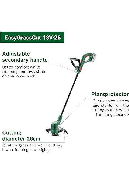 Akülü Kenar Kesme Makinesi Easygrasscut 18V-26 (Akü Olmadan, 18 Volt Sistemi, Kesme Çapı: 26 Cm, Karton Ambalajda) modelleri