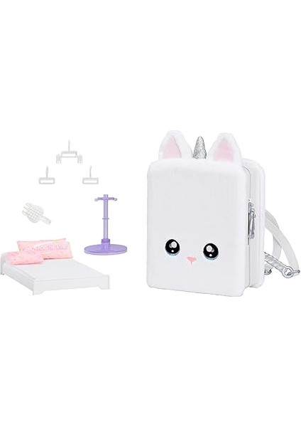 Na! Na! Surprise 3'ü 1 Arada Sırt Çantası Yatak Odası Unicorn Oyun Seti Whitney Sparkles Moda Bebek, Bulanık Beyaz Tek Boynuzlu At Sırt Çantası, Yastık ve Battaniyeli Dolap, Çocuklar Hediye, Yaş 4 fırsatları