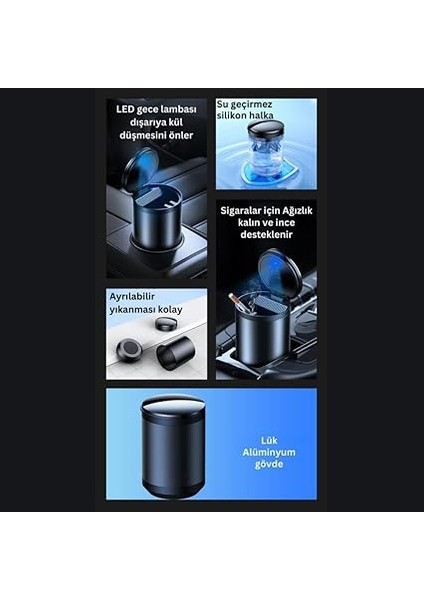 Premium LED Işıklı Kapaklı Araç Içi Küllük, Yıkanabilir, Koku Önleyici Sigara Tutuculu Küllük fiyatları
