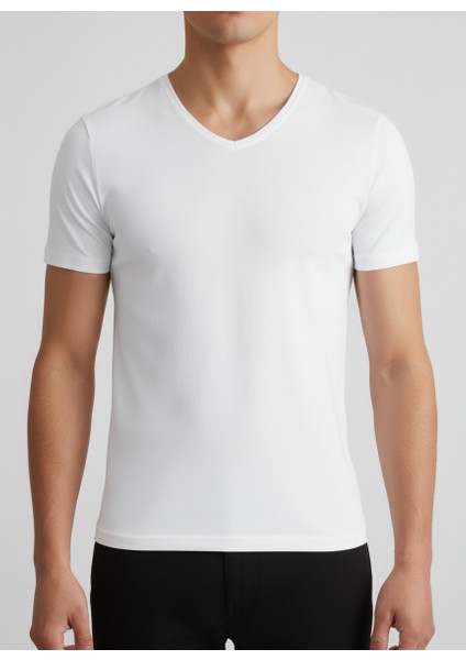 V Yaka Tişört Basic Pamuklu 2'li Paket Esnek Slim Fit Erkek fiyatları