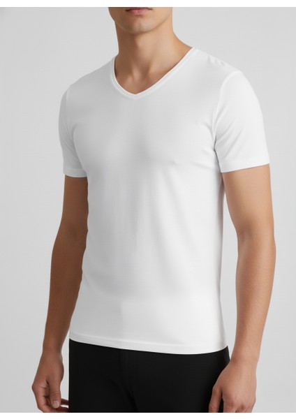 V Yaka Tişört Basic Pamuklu 2'li Paket Esnek Slim Fit Erkek modelleri
