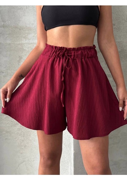 Volanlı Keten Şort Bordo S255058