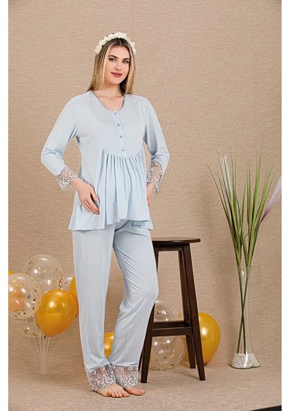 Lady Lingerie Kolları ve Paçaları Tüllü,uzun Kollu,düğme Yakalı Lohusa-Hamile Pijama Takımı fiyatları