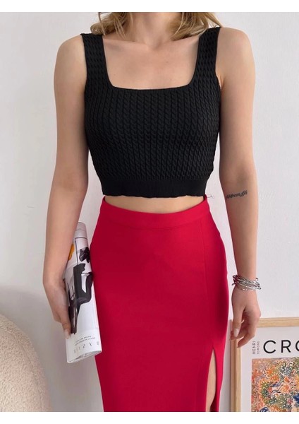 Yırtmaçlı Esnek Kumaş Midi Boy Etek Koyu Kırmızı modelleri