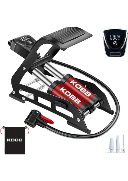 KB5402D Çift Pistonlu Dokunmatik Dijital Basınç Göstergeli Ayak Pompası ve Taşıma Kılıfı, Kırmızı/siyah