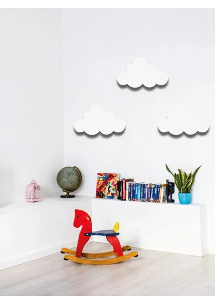 3 Adet Beyaz Renk Bulut Figürlü Çocuk Odası Dekoratif Ahşap
