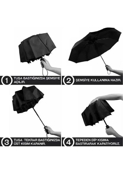 Siyah 8 Telli Şemsiye Unisex Rüzgara Dayanıklı Kırılmayan Erkek Kadın Tam Otomatik Şemsiye 98X58 cm indirimleri