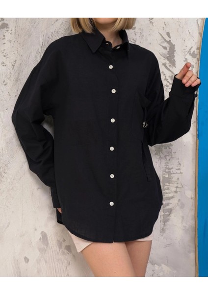 Relax Fit Keten Gömlek Siyah S255349 fırsatları