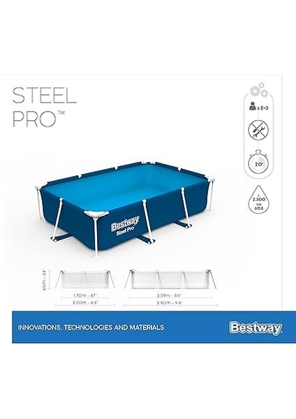 Steel Pro Frame Pool, Pompasız 259 x 170 x 61 Cm, Koyu Mavi, Kare indirimleri