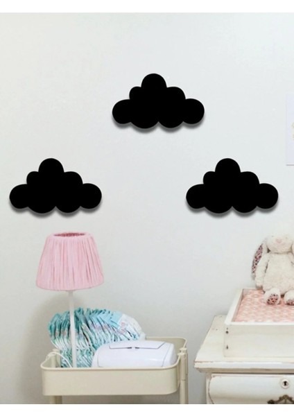 3 Adet Siyah Renk Bulut Figürlü Çocuk Odası Dekoratif Ahşap