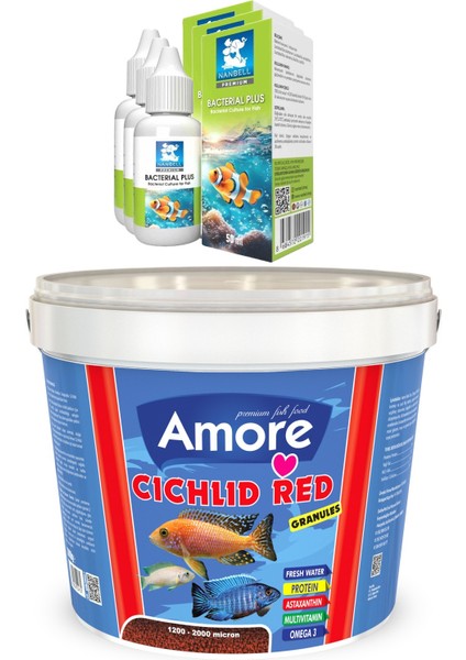 Cichlid Red Granül 3kg Granül Kova Balık Yemi 44-Protein, 3 Adet Bacteria Plus Bakteri Kültürü