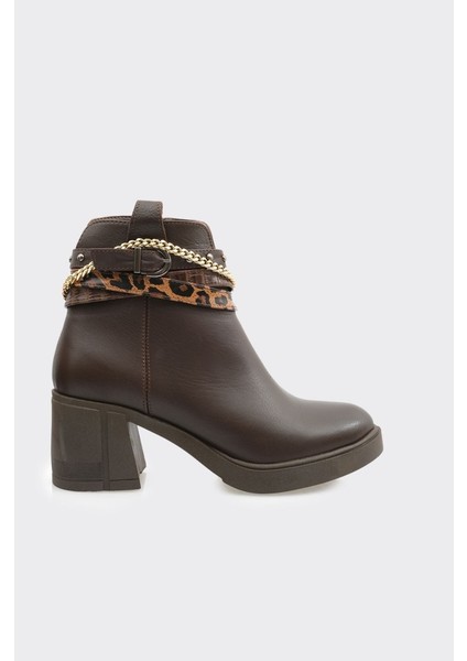 Hakiki Deri Fermuarlı Zincir Aksesuarlı Topuklu Kadın Bot