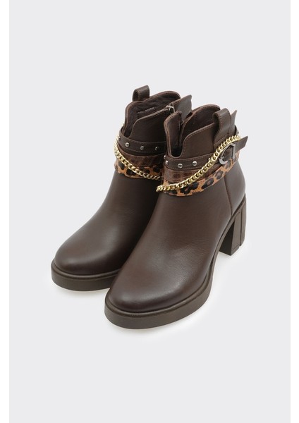 Hakiki Deri Fermuarlı Zincir Aksesuarlı Topuklu Kadın Bot fiyatları