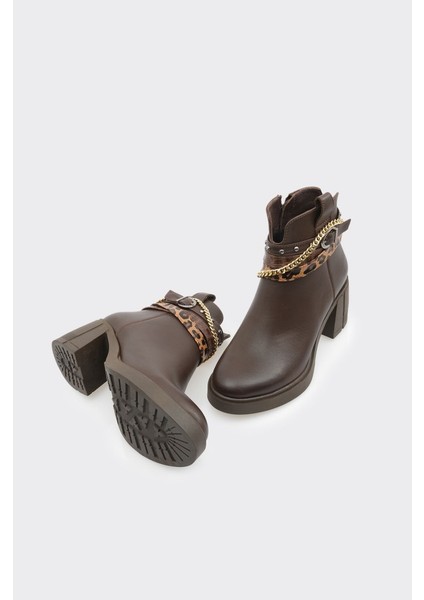 Hakiki Deri Fermuarlı Zincir Aksesuarlı Topuklu Kadın Bot fırsatları