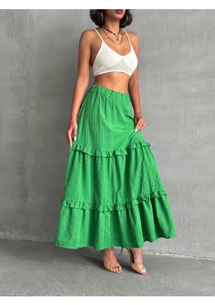 Fırfırlı Brodeli Astarlı Uzun Etek Yeşil S255047
