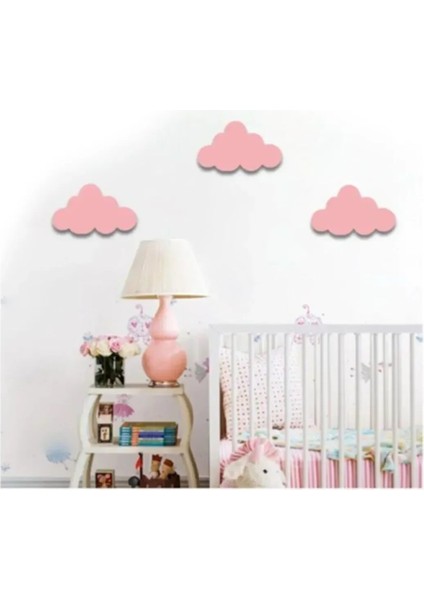 3 Adet Pembe Bulut Figürlü Çocuk Odası Dekoratif Ahşap