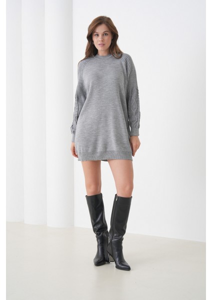 Kadın Kolları Uzun Kendinden Dokulu Bisiklet Yaka Tunik Boy Şık Kışlık Triko Kazak