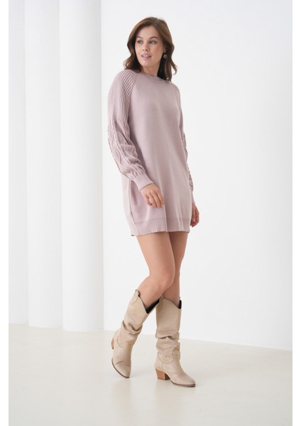 Kadın Kolları Uzun Kendinden Dokulu Bisiklet Yaka Tunik Boy Şık Kışlık Triko Kazak