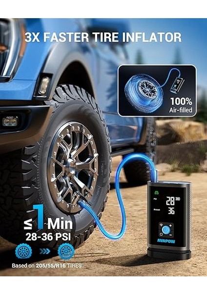 Jp3 16000MAH 3000A Zorla Çalıştırma Işlevli &amp; Lastik Şişirme Pompalı Jump Starter Taşınabilir Akü Takviye Kiti (POWERBANK-PD30W + LCD + LED Işık) modelleri