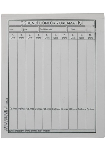 Dilman Öğrenci Günlük Yoklama Fişi 10 Dersli 100LÜ