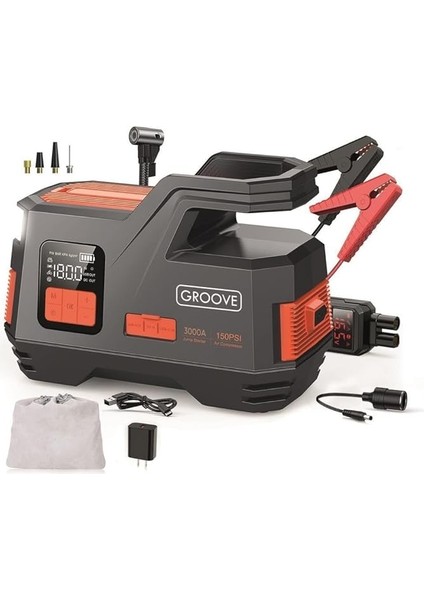 JS006 26800MAH 3000A Akü Takviye Cihazı + Lastik Şişirme Kompresörü Taşınabilir Jump Starter (Kompresör+Powerbank+Led Lamba+Lcd Ekran)