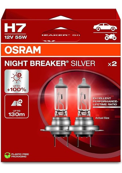 H7 Night Breaker Silver Far Ampulü, 12V 55W, 2'li PAKET,%100 Daha Fazla Işık, 130M Mesafe