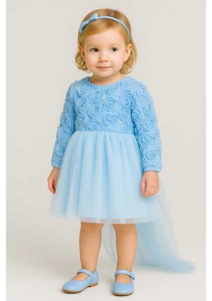 Kız Bebek Mavi Elbise Uzun Kollu Fiyonklu Doğum Günü Parti Düğün Özel Gün Tüllü Astarlı Prenses