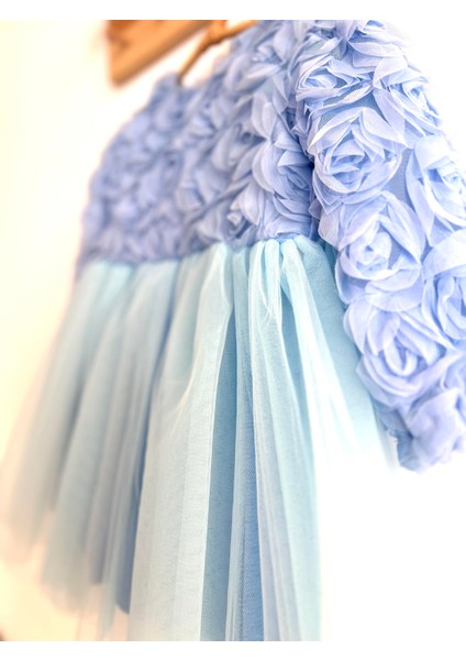 Kız Bebek Mavi Elbise Uzun Kollu Fiyonklu Doğum Günü Parti Düğün Özel Gün Tüllü Astarlı Prenses fiyatları