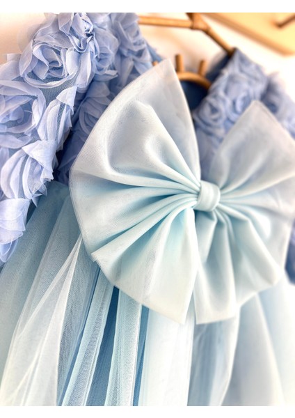 Kız Bebek Mavi Elbise Uzun Kollu Fiyonklu Doğum Günü Parti Düğün Özel Gün Tüllü Astarlı Prenses modelleri