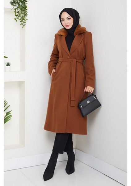 Kadın Kürk Detaylı Kuşaklı Astarlı Kaşe Kaban -PMK474