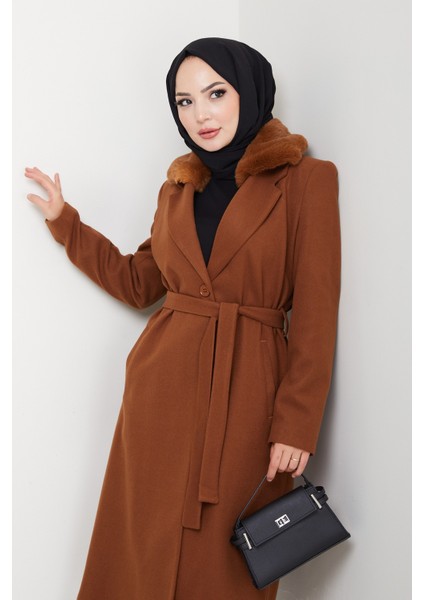 Kadın Kürk Detaylı Kuşaklı Astarlı Kaşe Kaban -PMK474 fiyatları