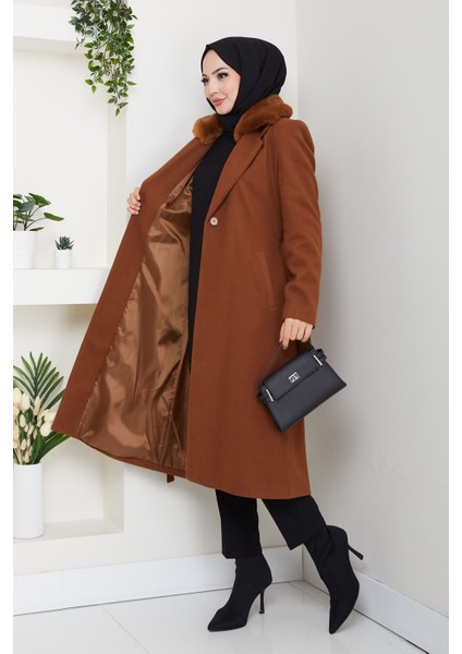 Kadın Kürk Detaylı Kuşaklı Astarlı Kaşe Kaban -PMK474 modelleri