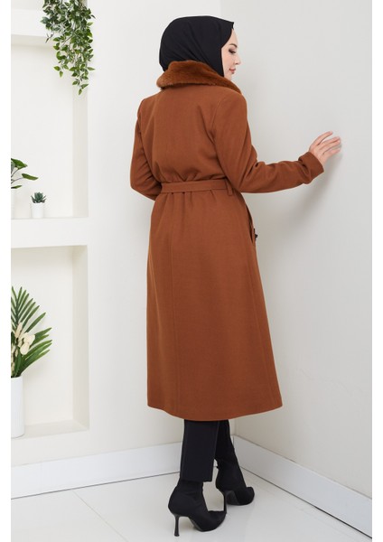 Kadın Kürk Detaylı Kuşaklı Astarlı Kaşe Kaban -PMK474 fırsatları