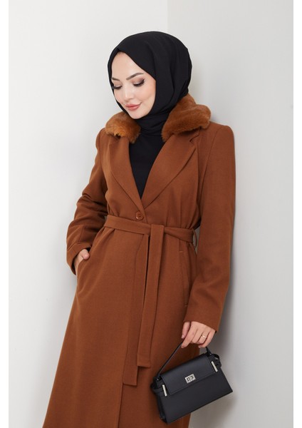 Kadın Kürk Detaylı Kuşaklı Astarlı Kaşe Kaban -PMK474 indirimleri