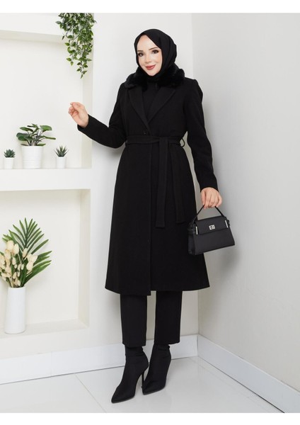 Kadın Kürk Detaylı Kuşaklı Astarlı Kaşe Kaban -PMK474 modelleri