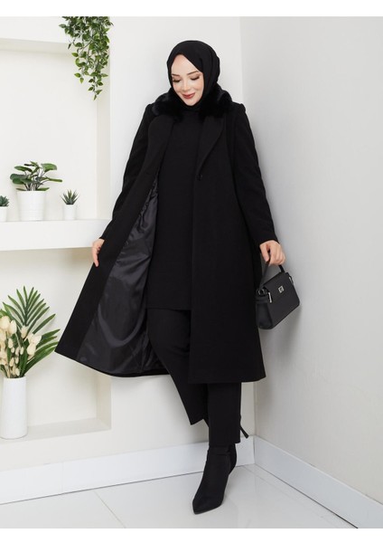 Kadın Kürk Detaylı Kuşaklı Astarlı Kaşe Kaban -PMK474 fırsatları