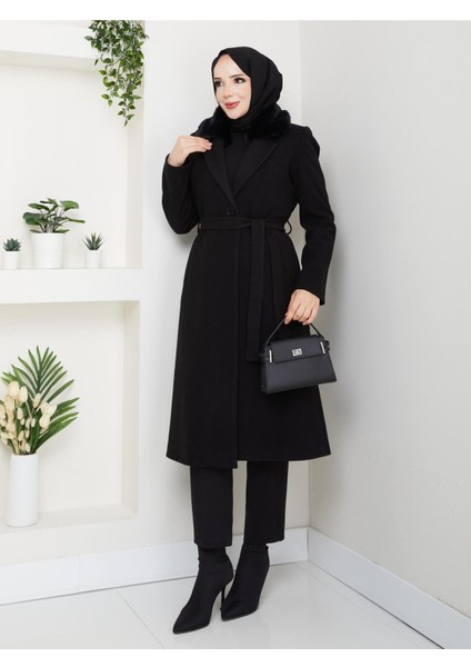 Kadın Kürk Detaylı Kuşaklı Astarlı Kaşe Kaban -PMK474 indirimleri