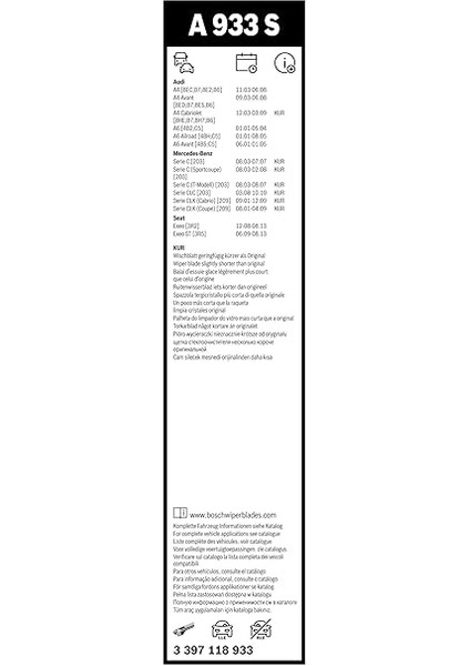 Aerotwin Silecek Seti Mercedes C Serisi W203 (2004-2007), Audi A4 B7 (2004-2008) [550/550 Mm] A933S 3397118933 modelleri