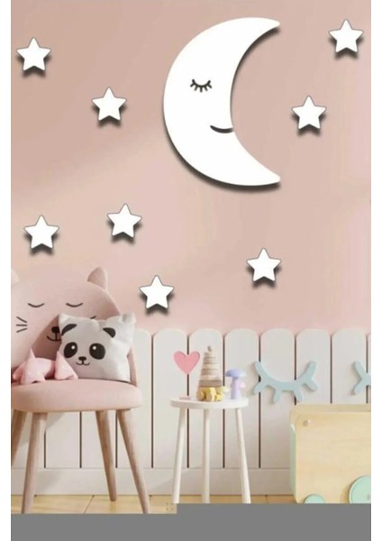 Ahşap Beyaz Aydede + 10 Beyaz Yıldız Çocuk Odası Duvar Süsü