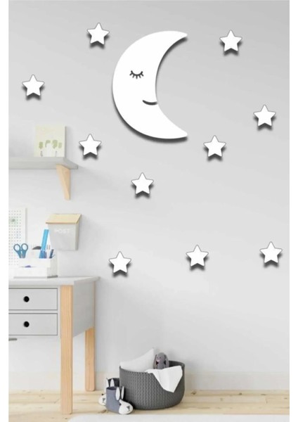 Ahşap Beyaz Aydede + 10 Beyaz Yıldız Çocuk Odası Duvar Süsü fiyatları