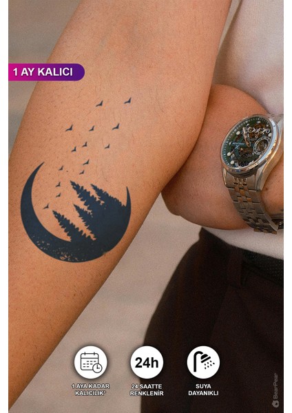 1 Ay Kalıcı Ay Ağaç ve Kuş Dövmesi Geçic Dövme Tattoo