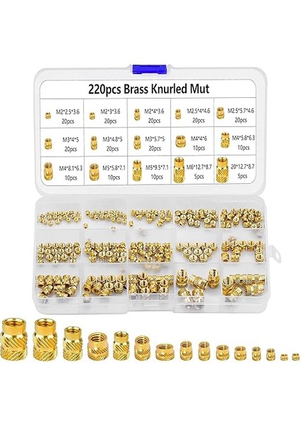 220 Adet Tırtıllı Pirinç Somun, M2 M2,5 M3 M4 M5 M6 Dişli Tırtıklı Uç Somun Çeşitleri Kiti 3D Baskı Projeleri Için