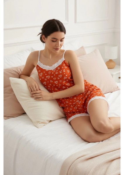 Marsilyan- Kadın Turuncu Kalp Desenli Askılı Şortlu Dantelli Pijama Takımı fırsatları