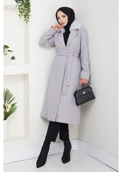 Kadın Kürk Detaylı Kuşaklı Astarlı Kaşe Kaban -PMK474