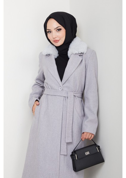 Kadın Kürk Detaylı Kuşaklı Astarlı Kaşe Kaban -PMK474 fiyatları